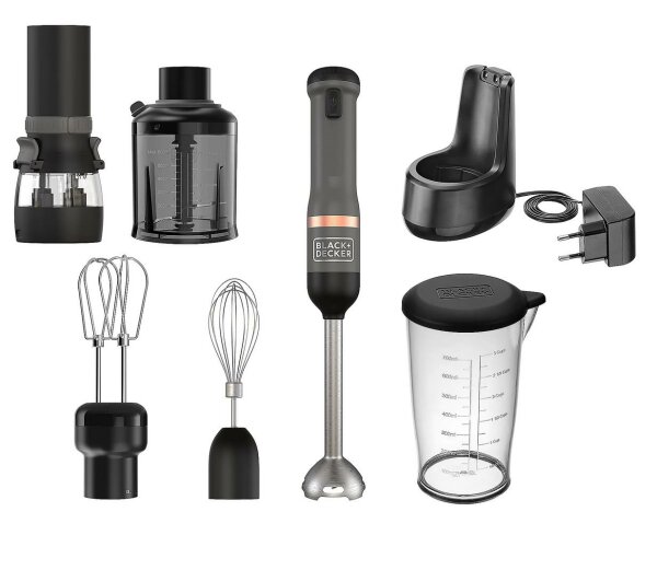 BLACK+DECKER™ Akku Stabmixer kabellos Kitchen Wand inkl. 4tlg. Zubehör & Gewürzmühle schwarz