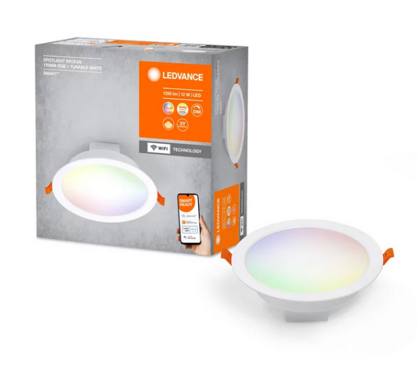 LEDVANCE LED SPOT INTEGRATED Ø 17cm, Einbaudecken Spot für den Innenbereich, dimmbar, 12W, Farbtemperatur 2700 - 6500 K, RGB Licht bis 16 Mio. Farben, 1000 Lumen, flaches Design, weiß