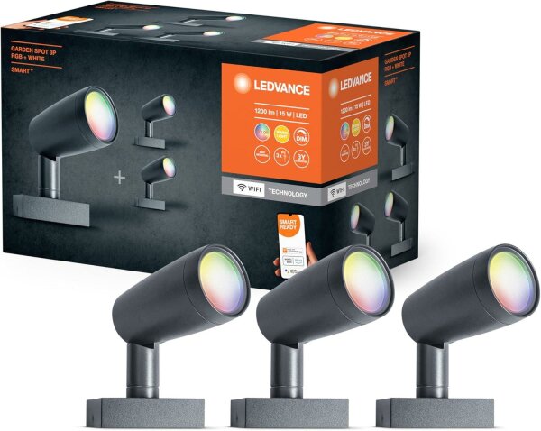 LEDVANCE Smarte LED Gartenleuchte mit WiFi Technologie, Basispaket mit 3 Spot-Strahler für Außen, RGB-Farben änderbar, Kompatibel mit Google und Alexa Voice Control, SMART+ WIFI GARDEN SPOT 3P [Energieklasse G]