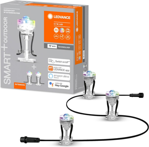 LEDVANCE Smarte LED Gartenleuchte mit WiFi Technologie, Erweiterungspaket mit 3 LED Dots für Außen, RGB-Farben änderbar, Kompatibel mit Google und Alexa Voice Control, SMART+ WIFI GARDEN DOT 3P EXT